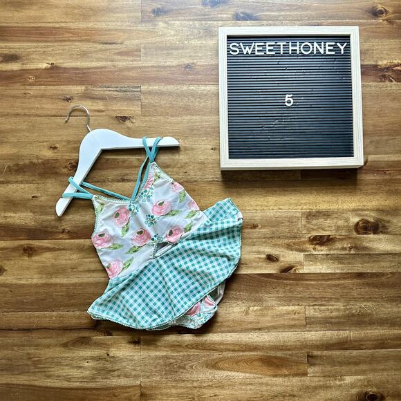 SweetHoney Morgan Skirted One Piece Swimsuit Creamy Floral Pink Green Gingham 5 - Picture 1 of 9